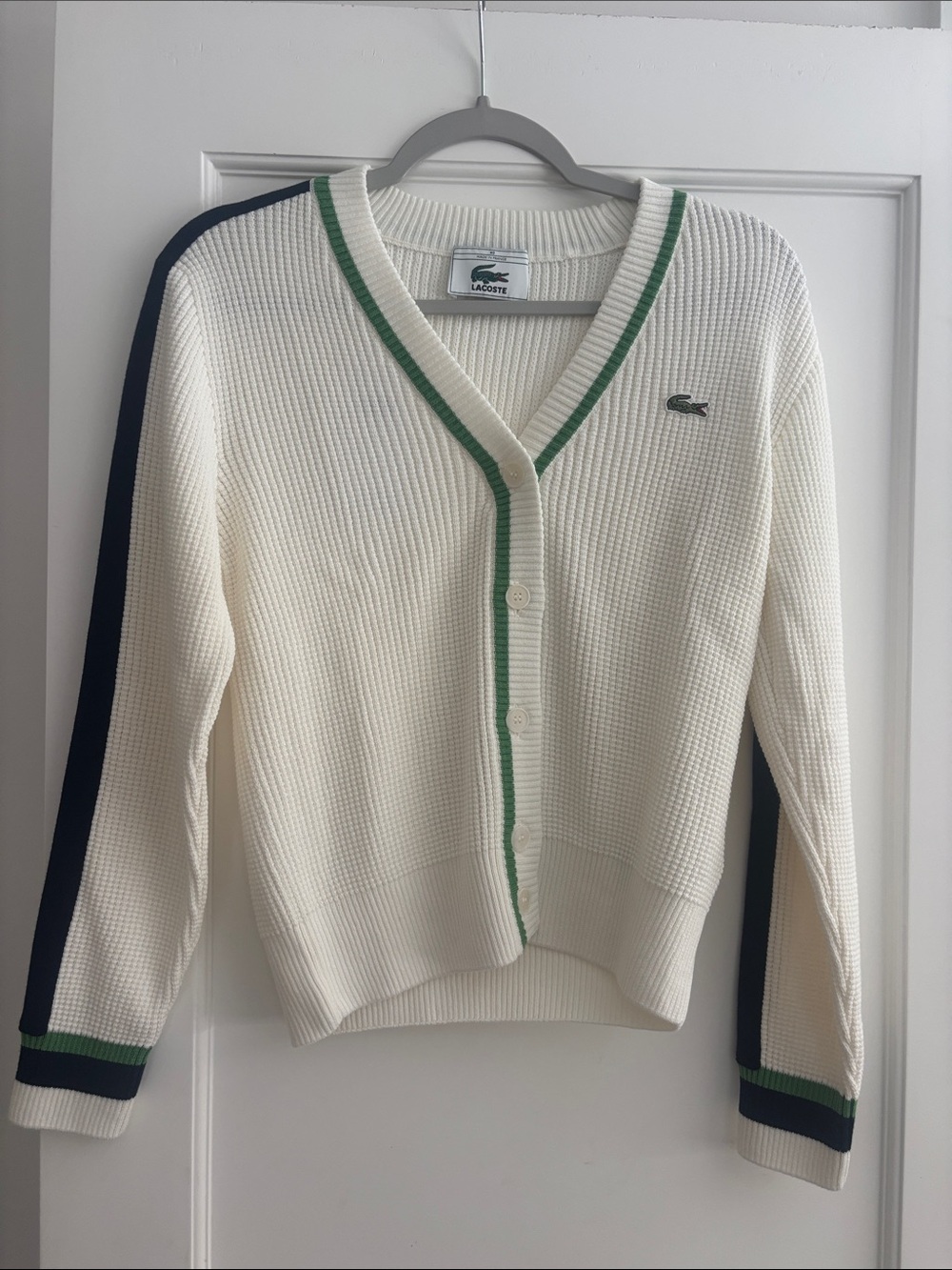 Lacoste Cream V‑Neck Cardigan with Green Trim and Navy Stripe